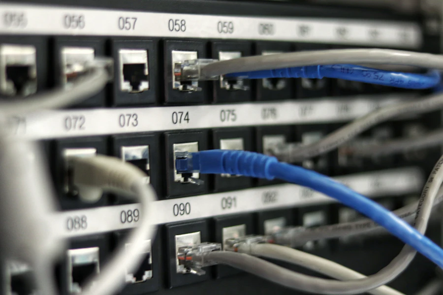 Network cables plugged into a numbered patch panel