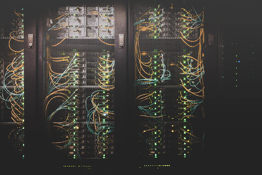 Server racks in a data centre with patch cables and status lights